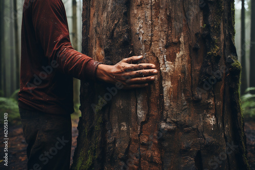 Hands hugging a tree trunk. The concept of protecting nature and combating deforestation. Generative AI