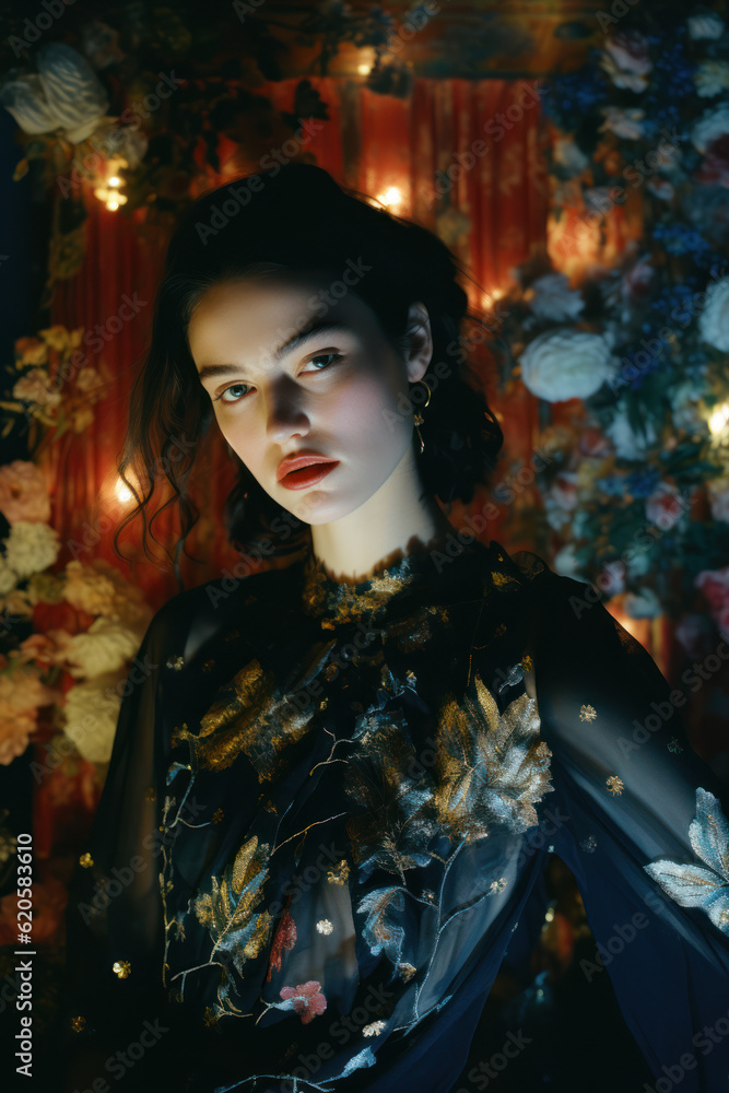 portrait of a woman/model/book character flash photography ditorial magazine style with a thoughtful/sad expression old film camera photography look - generative ai art portrait of a woman/model/book character flash photography ditorial magazine style with a thoughtful/sad expression old film camera photography look - generative ai art