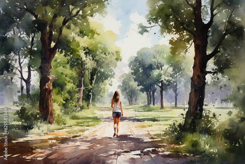 walks in the fresh air, mental health. Watercolor illustration, Generative AI © YARphotographer