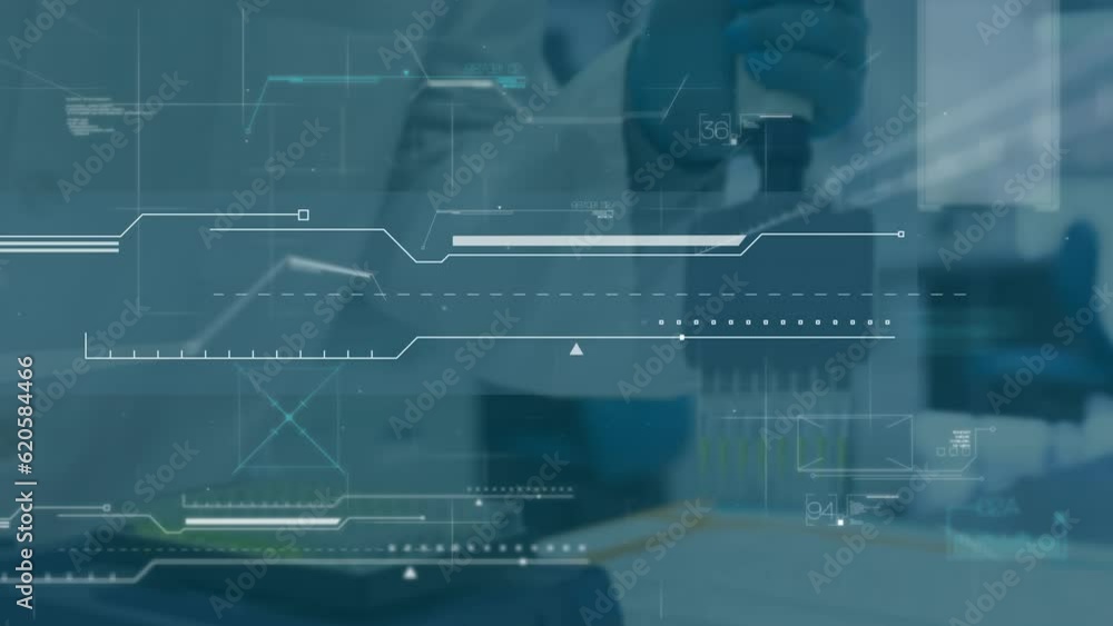 Animation of scientific data processing over scientist in laboratory Animation of scientific data processing over scientist in laboratory