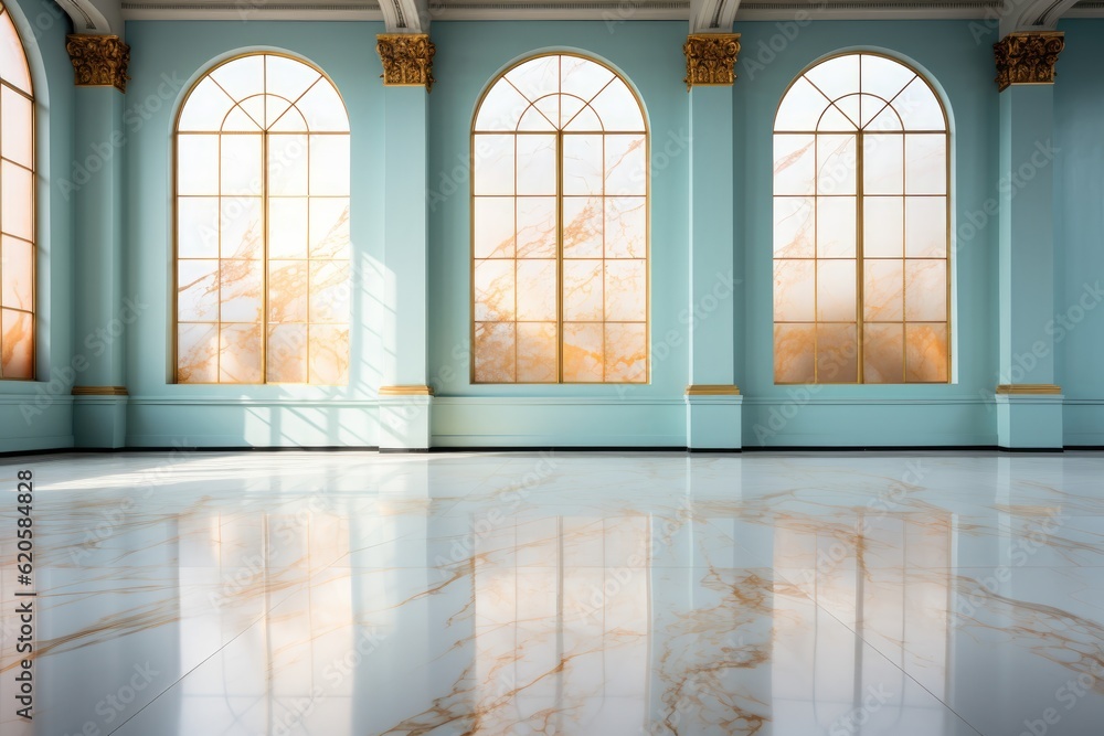 A Marble Countertop Against Backdrop Of Energetic Dance Studio Blank Surface. Generative AI