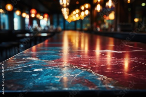 A Marble Countertop Against Backdrop Of Vibrant And Lively Nightclub Blank Surface. Generative AI