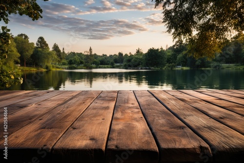 A Wooden Table Against Backdrop Of Serene River Blank Surface. Generative AI © Ян Заболотний