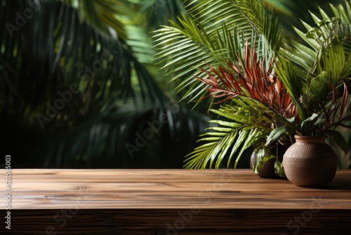 A Wooden Tabletop Against Backdrop Of Tropical Palm Tree Blank Surface. Generative AI