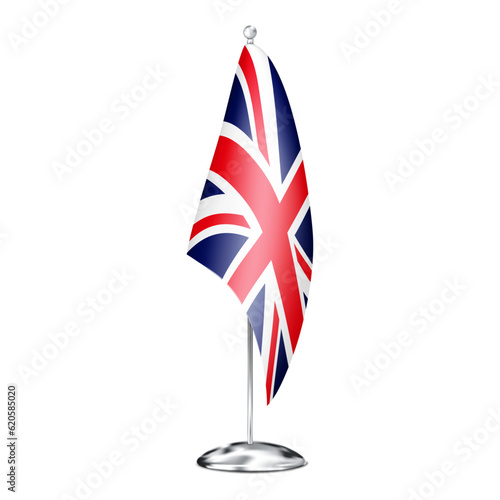 Fabric table flag of Great Britain on metal pole stand isolated on white background. Office desk small United Kingdom banner. Realistic vector illustration