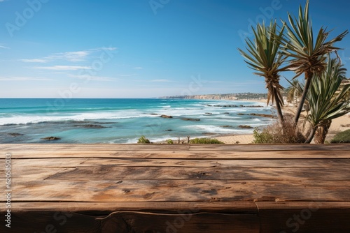 A Wooden Tabletop Against Backdrop Of Serene Ocean View Blank Surface. Generative AI