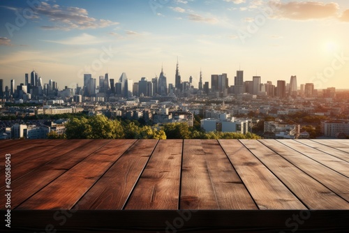 A Wooden Tabletop Against Backdrop Of Vibrant City Skyline Blank Surface. Generative AI