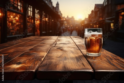 A Wooden Tabletop With Glass Of Beer Against Backdrop Of Bustling Beer Hall. Generative AI photo