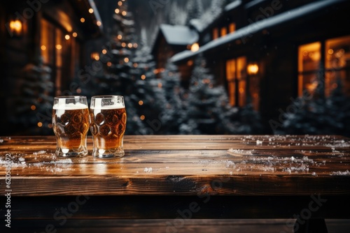 A Wooden Tabletop With Glass Of Beer Against Backdrop Of Winter Lodge Blank Surface. Generative AI