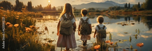 Backs Schoolchildren With Schoolbag Running To School With Serene Lake At Sunset. Generative AI