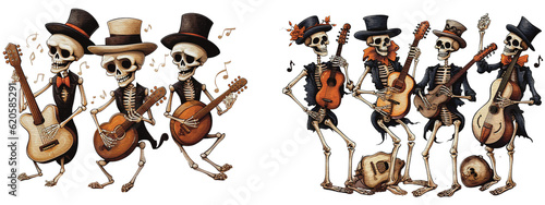 Vintage Spooky Skeletons Playing guitar on Halloween. isolated on a transparent background, generative ai