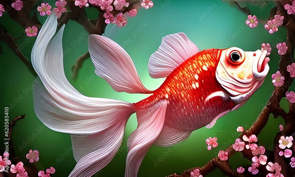 Cherry blossom goldfish. Cute goldfish fish swimming under ocean. Art