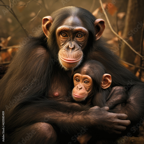 Tablou canvas chimp and her young baby