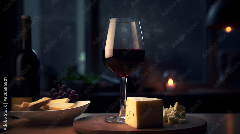A glass of red wine with a cheese platter in the backgrou one generative AI