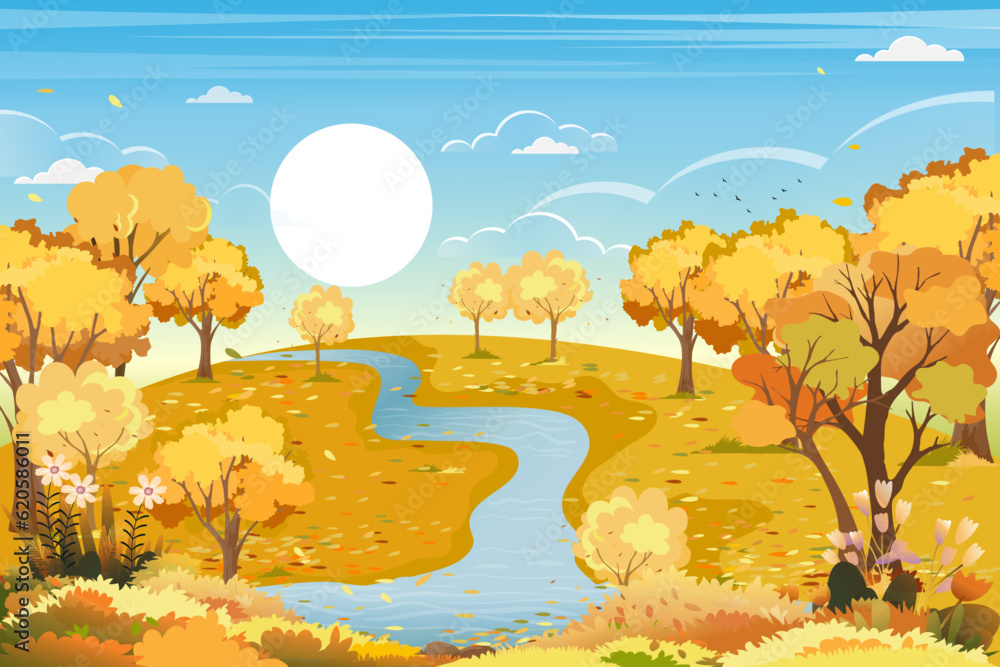 Autumn landscapes morning sky by the river in Countryside,Vector Panoramic of fall forest with farm field, mountains with leaves falling from tree in yellow,orange foliage. Autumnal Wonderland concept