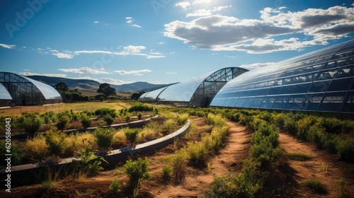 Large greenhouses with solar panels cloudy landscape