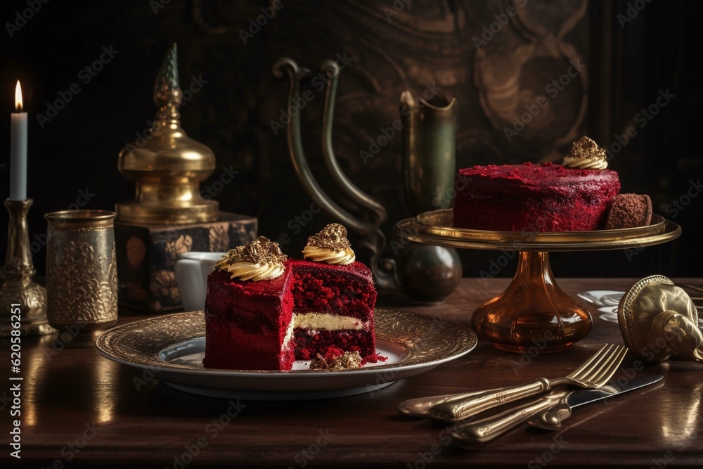 Red velvet cake on gold platter, with multiple plates and table in background. Generative AI