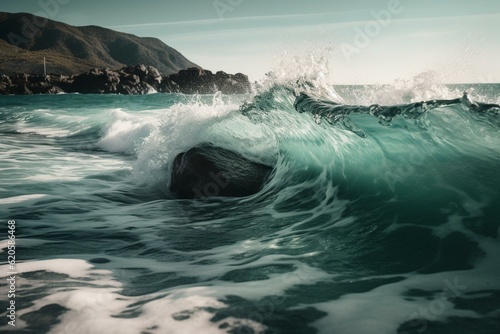 Big turquoise wave crashing on calm shore. Generative AI