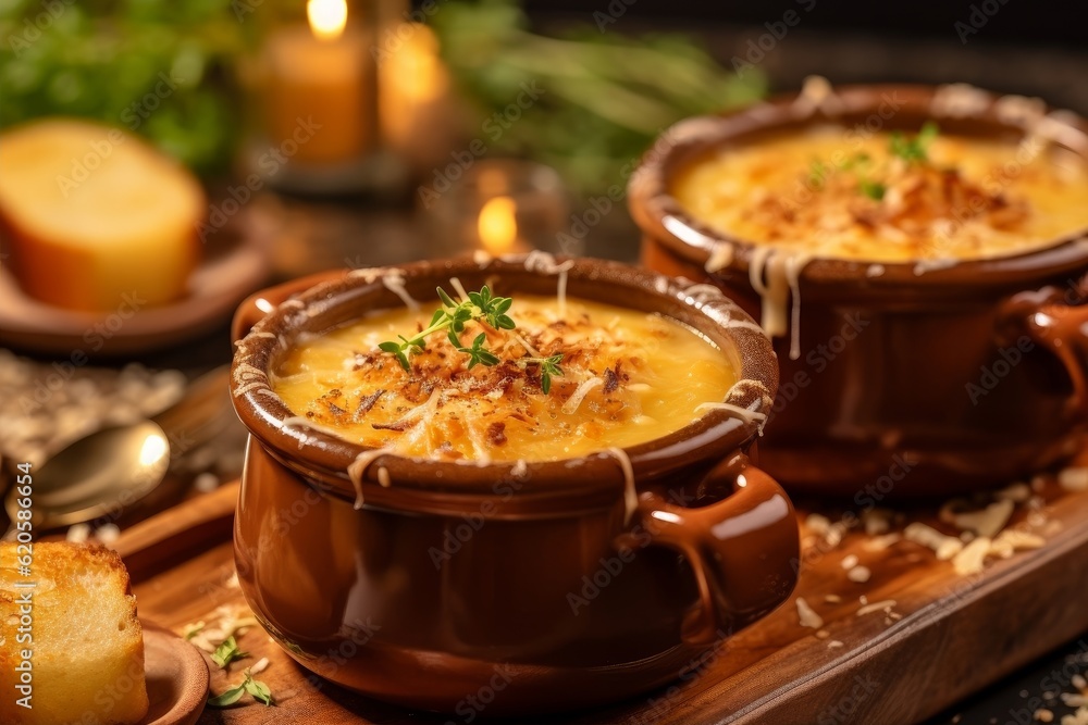Soupe à l'Oignon served in individual bowls, topped with golden brown, melted Gruyère cheese and sprigs of fresh thyme Soupe à l'Oignon served in individual bowls, topped with golden brown, melted Gruyère cheese and sprigs of fresh thyme