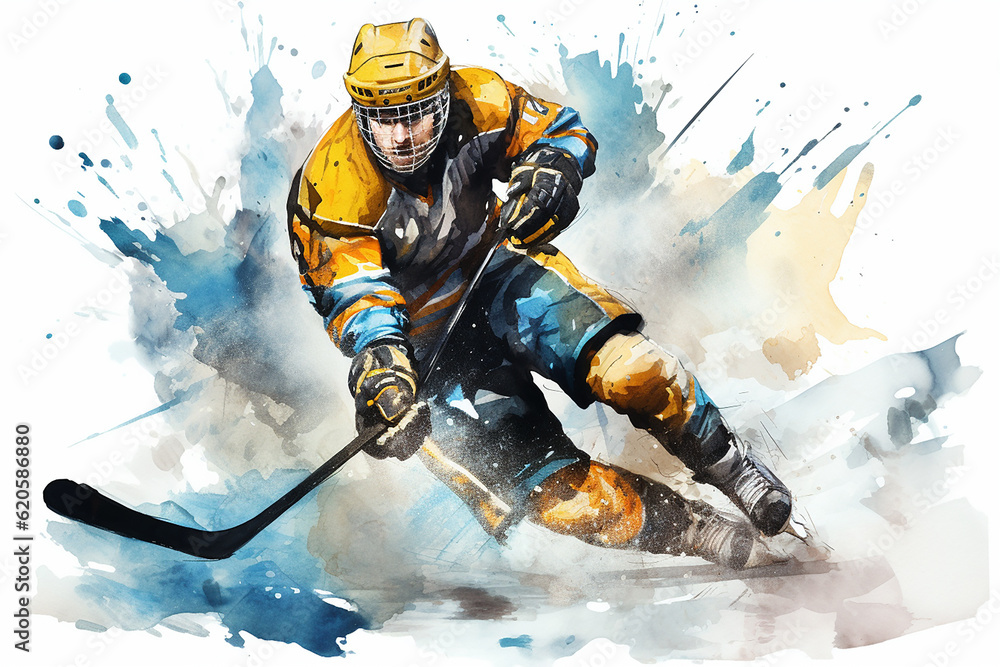 Ice hockey player in action watercolor illustration. Generative AI - obrazy, fototapety, plakaty 