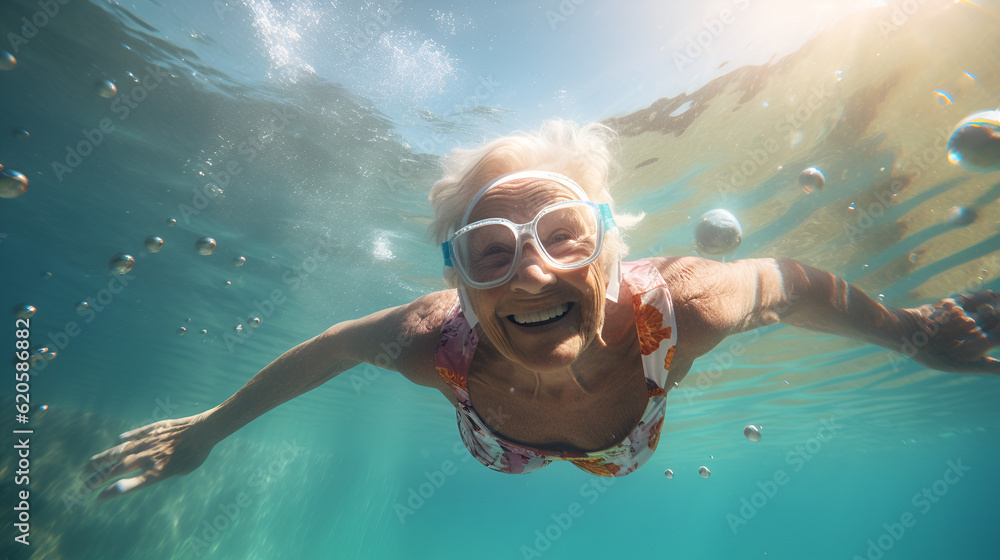 Fototapeta premium Healthy senior woman swimming under water in public pool, mineral water pool. Happy pensioner enjoying sportive lifestyle. Active retirement concept. happy funny image of elderly having fun 