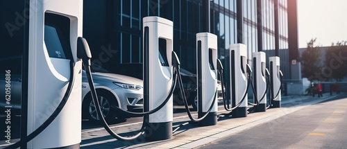 Modern fast electric vehicle chargers for charging car in park,  Generative AI