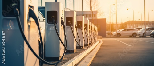 Billede på lærred Modern fast electric vehicle chargers for charging car in park,  Generative AI