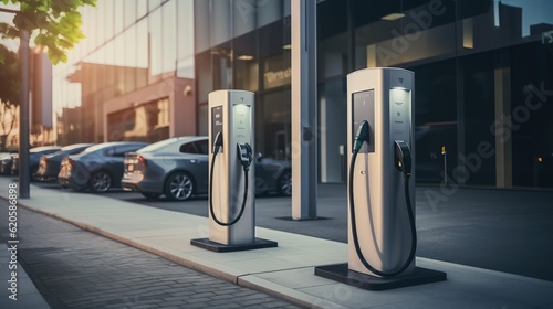 Tablou canvas Modern fast electric vehicle chargers for charging car in park,  Generative AI