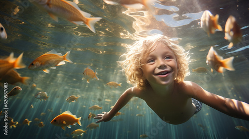 Fényképezés happy kid swiming with fishes, Happy kid have fun in swimming pool