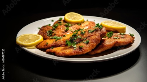 Escalope de Dinde garnished with parsley and lemon slices on a white plate