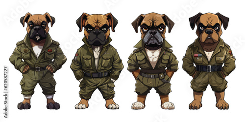 Set of boxer dog cartoon wearing army uniform