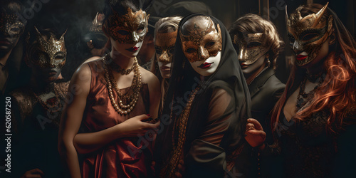 A group of people wearing masks and beads at a masquerade three generative AI