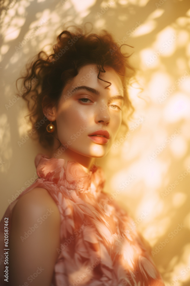 Fototapeta premium portrait of a woman/model/book character standing by a window in warm daylight with a thoughtful/sad expression in a fashion/beauty editorial magazine style film photography look - generative ai art