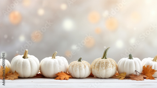A row of white pumpkins and yellow leaves. Generative AI.
