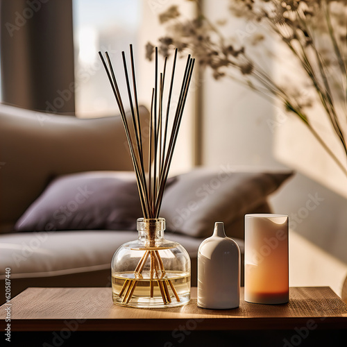 Obraz na płótnie Reed diffuser bottle mockup, aroma diffuser in luxurious beige and brown home interior decor, front view