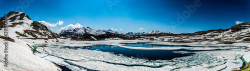 panorama frozen alpine lake Totesee summit of the Grimsel pass 2164 m