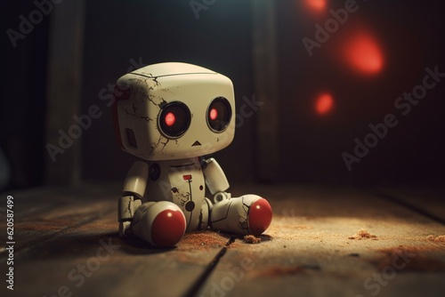 A lovable robot plushie with a red heart, sitting sadly for miss you day. Cartoon-style illustration. Generative AI photo