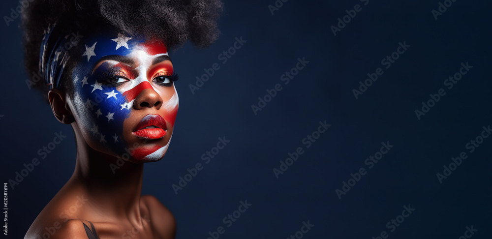 Young African American girl with art make-up on her face in the colors of the American flag. Generative AI. Banner