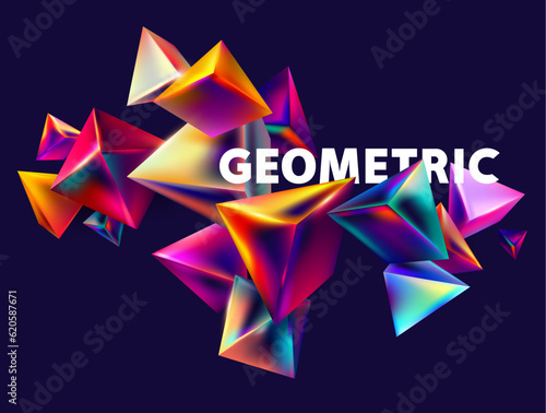 Colored 3D glass pyramids on dark background. Abstract vector composition of colorful geometric shapes.