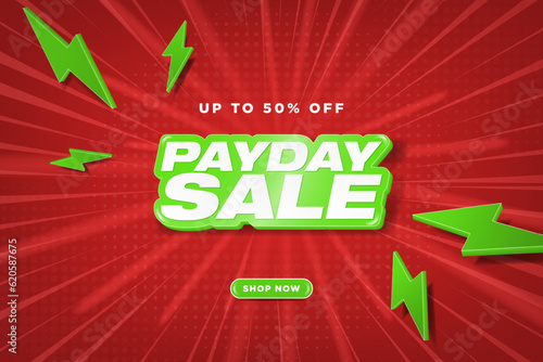 Payday Sale Shopping Banner with 3d Payday Sale Text on dynamic background and flash thunder icons, shop now button. Editable Payday Sale Typographic design. Vector Illustration. EPS 10.