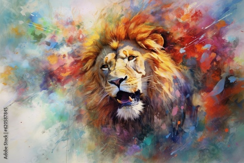fluidity and unpredictability of watercolors by creating a dynamic and energetic lion print. bold brushstrokes and splashes of color to depict the lion s movement and power 