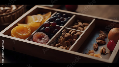 A healthy snack box with fruits nuts and energy bars cine two generative AI