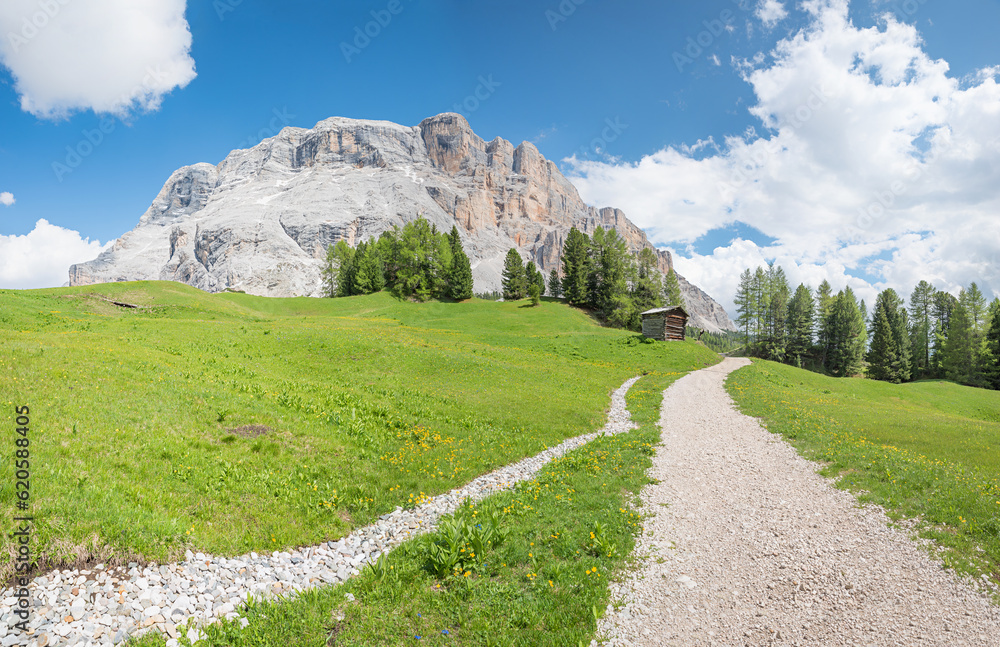 hike and bike way to Heiligkreuzkofel mountain, south-tyrol, dolomites landscape
