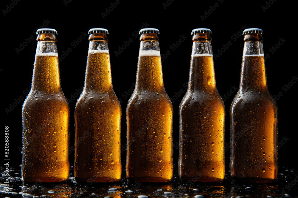 bottle of ria beer with droplets of condensation isolated on black background