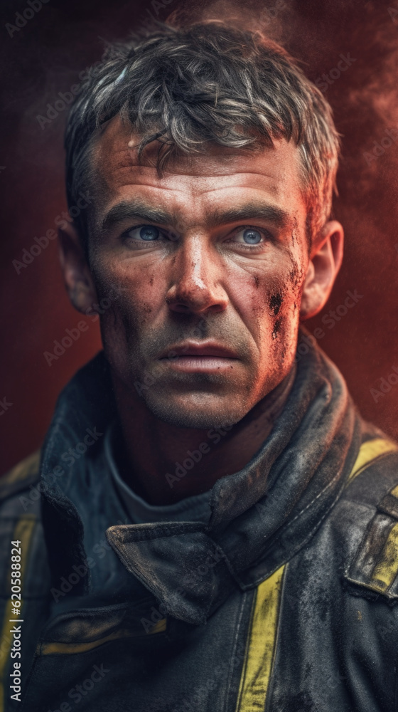 A man in a firefighter's uniform looks at the camera. Generative AI. A man in a firefighter's uniform looks at the camera. Generative AI.