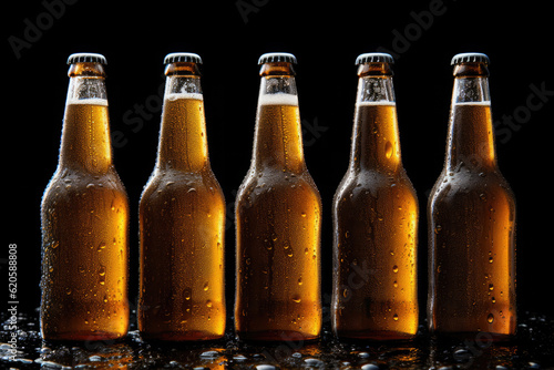 bottle of ria beer with droplets of condensation isolated on black background