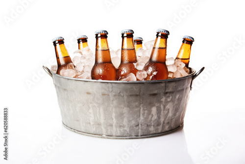 Cold bottles of beer with condensation droplets in the metal bucket with ice isolated on white background