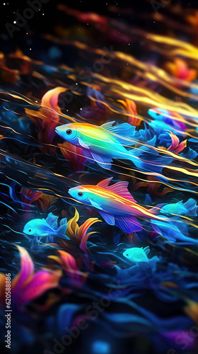3D illustration of colorful tropical fish swimming in the sea