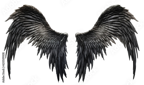 spread black dark demon feather angel wings on transparent background photo