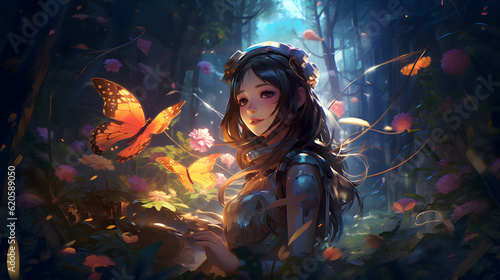 Serenity in Bloom: Anime Girl Amidst Flowers and Butterflies © Demencial Studies